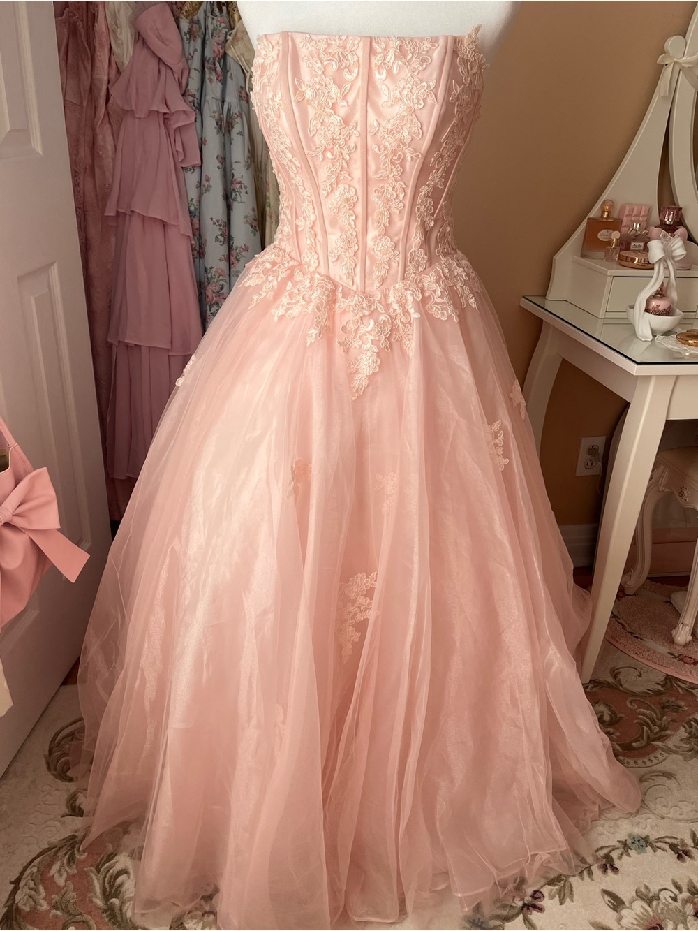 JJs House Pink Strapless Lace Appliqué Ball Gown Dress